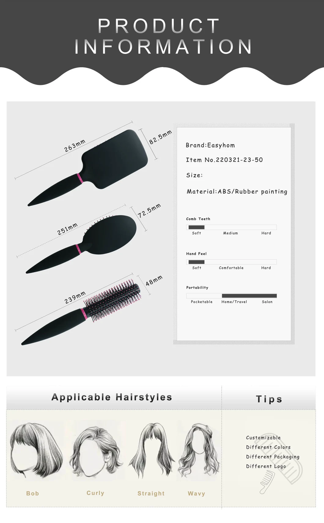 Classic 3PCS Home Salon Travel Comb Styling Set Detangling Massage Comb Gift Set Hair Brush