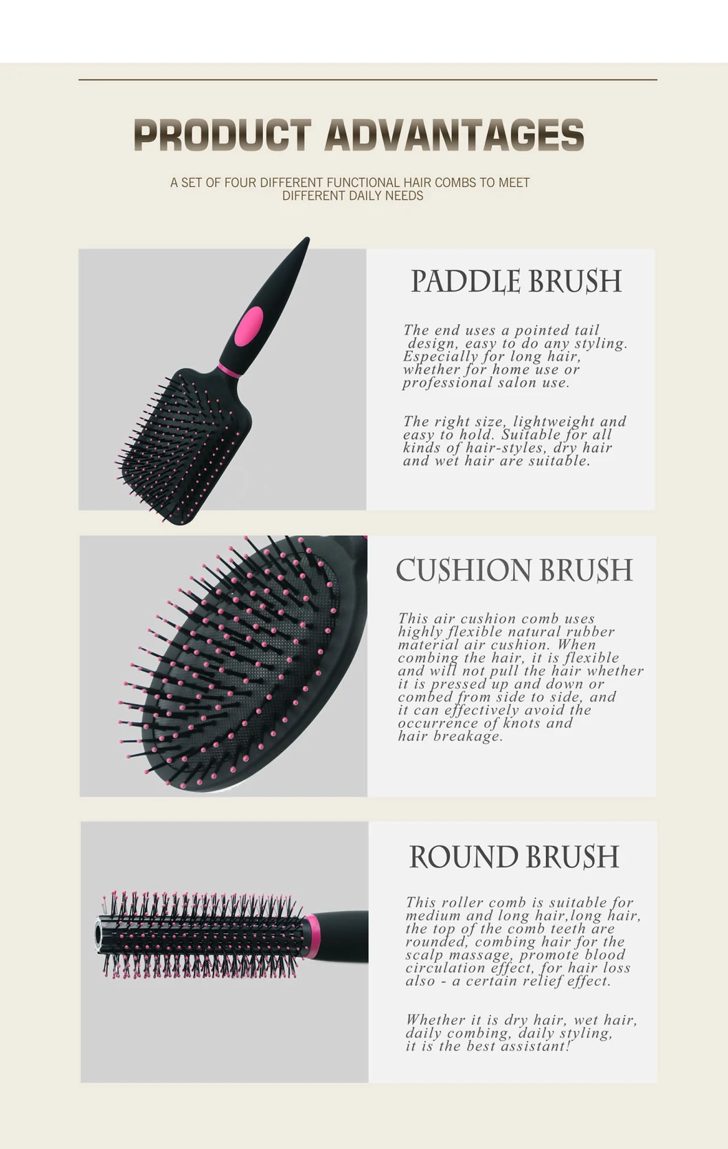 Classic 3PCS Home Salon Travel Comb Styling Set Detangling Massage Comb Gift Set Hair Brush