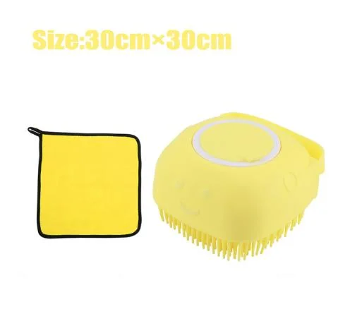 2022 Yellow Pet Shampoo Massager Scrubber Shower Silicone Hair Brush Multifunction Pet Silicone Soft Grooming Round Brush with Small Towel