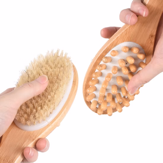 Natural Boar Bristles Wood Long Handle Double Side Bath Brush, Body Brush